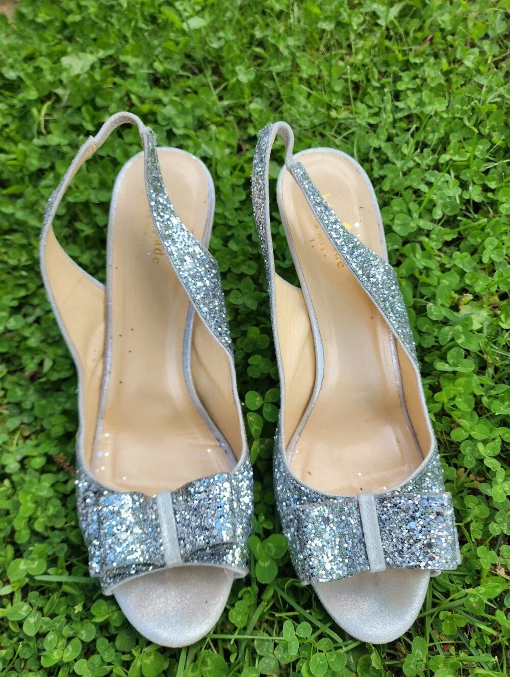 kate spade Silver Glitter Peep-Toe Slingback Heels with Bow